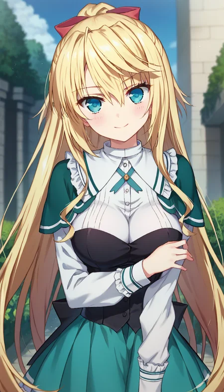 score_9,score_8_up,score_7_up,score_6_up BREAK official art,solo,outdoors,upper body,(portrait:1.5),looking at viewer,facing viewer,smile,blush,Lilith Bristol,very long hair,blonde hair,high ponytail,hime cut,hair ornament,hair bow,red bow,red hair ribbon,sidelocks,hair between eyes,bangs,blue eyes,green capelet,neck ribbon,green ribbon,white shirt,long sleeves,black bandeau,large breasts,buttons,green skirt,pleated skirt,frills,white thighhighs,zettai ryouiki,mary janes,black footwear,high heels,<lora:Lilith Bristol(ad)-Pony:1.6>,