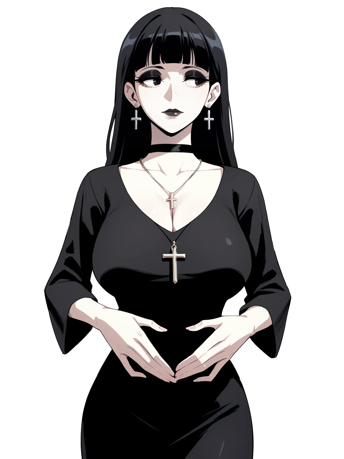 score_9, score_8_up, score_7_up, score_6_up, score_5_up, score_4_up,
BREAK
1girl, black hair, long hair, straight hair, blunt bangs, adult, mature, black eyes, long eyelashes, black eyeshadow, black lips, black choker, half-closed eyes, looking away, pale skin,
BREAK
solo, hands on stomach, large breasts, skinny, black dress, black long dress, cross necklace, cross earrings,
BREAK
white background, simple background, dynamic pose, dynamic angle, angled shot, <lora:Lunas-Tedain-SDXL-A1:1>