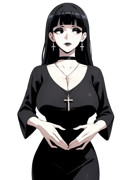 score_9, score_8_up, score_7_up, score_6_up, score_5_up, score_4_up,
BREAK
1girl, black hair, long hair, straight hair, blunt bangs, adult, mature, black eyes, long eyelashes, black eyeshadow, black lips, black choker, half-closed eyes, looking away, pale skin,
BREAK
solo, hands on stomach, large breasts, skinny, black dress, black long dress, cross necklace, cross earrings,
BREAK
white background, simple background, dynamic pose, dynamic angle, angled shot, <lora:Lunas-Tedain-SDXL-A1:1>