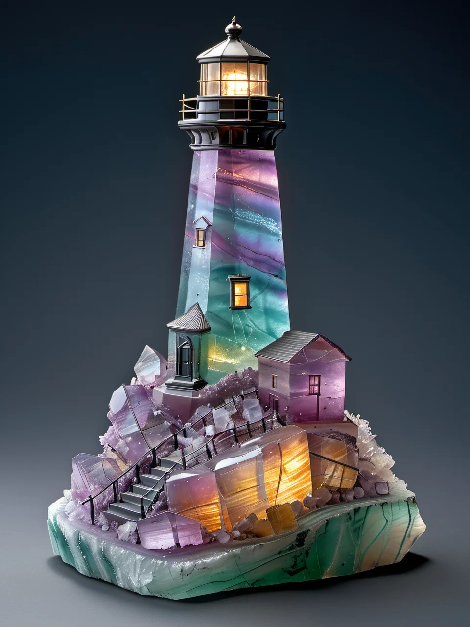 (photorealistic), <lora:Fluorite_Mineral_SDXL:1> fluorite mineral, iridiscent, lighthouse,