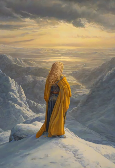 1woman, blonde hair, the grim reaper, facing away, rocky hill, standing, robe blowing in the wind, clouds, sky, sunset, stars, cosmic, in meditation, ultra detailed landscape, bright yellow, energy surrounding surrounding him, volumetric lighting, ultra detailed clothes, ultra detailed body, ultra detailed hair, a city made of blue crystals is on fire in the distance, serenity, holding a sword,
by Natalia Rak and Barclay Shaw in the style of Jessica Rossier, <lora:EnvyAnimeWatercolorXL02:0.60> , Elmore_Style_LX <lora:Elmore_Style_LX-000011:0.60>