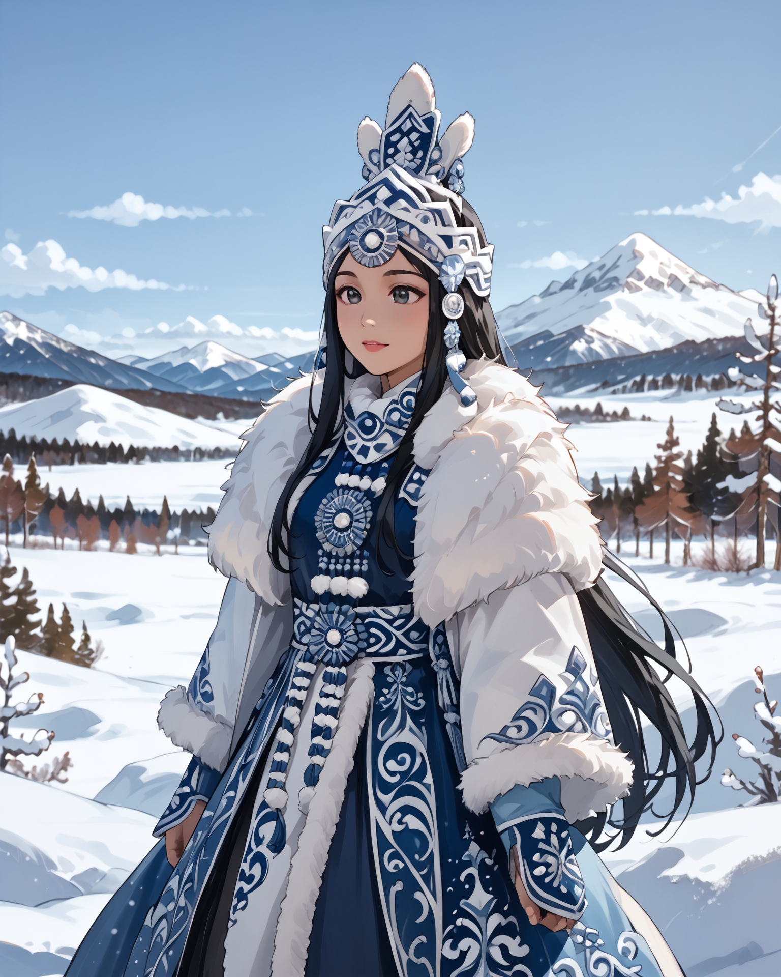 1girl, wearing yakutfa, yakutfa clothes, beautiful scenery, snowy mountains, long hair, black hair, extremely detailed clothing, digital art, masterpiece, absurdres, highest quality, score_9, score_8_up, score_7_up,   <lora:Yakut_Fashion_XL:1.15>,  headdress,   <lora:OtherStyle_08-Merge5_06_04_02_02:1>