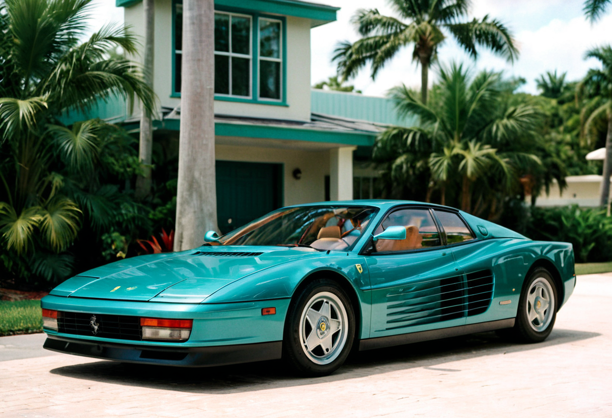 ClassicSportsCar, teal pastel Ferrari Testarossa, front side view, house, vegetation, palm trees, Miami, 4K, highly detailed, (stylish grainy analog 35mm film photo)