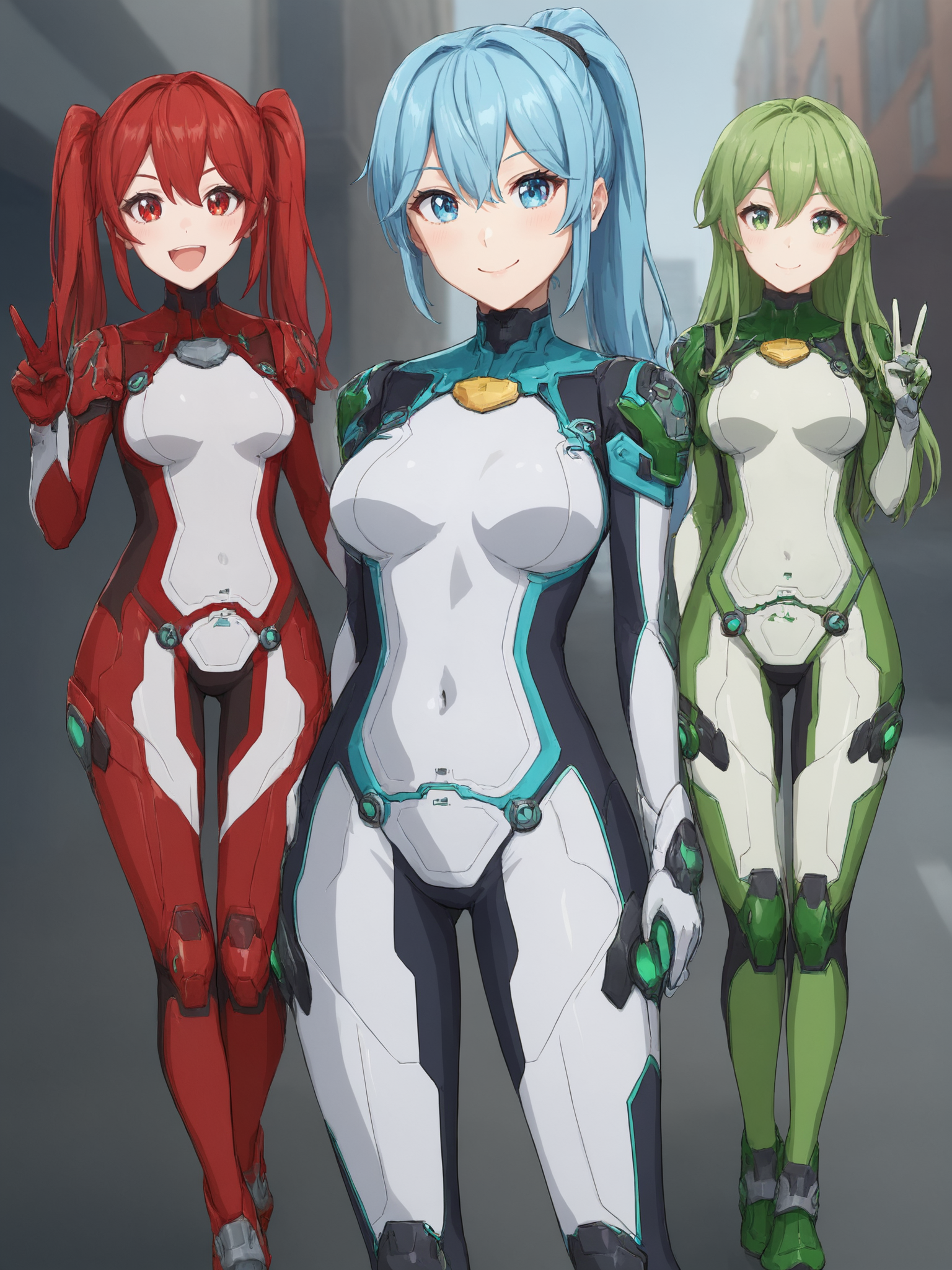 score_9, score_8_up, score_7_up, zPDXL, zPDXLpg, <lora:offset_0.2:0.1>, <lora:spo_sdxl_10ep_4k-data_lora_webui:1>, 3girls, smile, v, peace sign, revisionsneurosuit, covered navel, <lora:Neurosuit__Revisions:0.7>, (outdoors, city, street:1.2)
red bodysuit, red hair, red eyes, twintails, swept bangs
blue bodysuit, blue hair, blue eyes, ponytail, double-parted bangs, sidelocks
green bodysuit, green hair, green eyes, long hair, hair between eyes