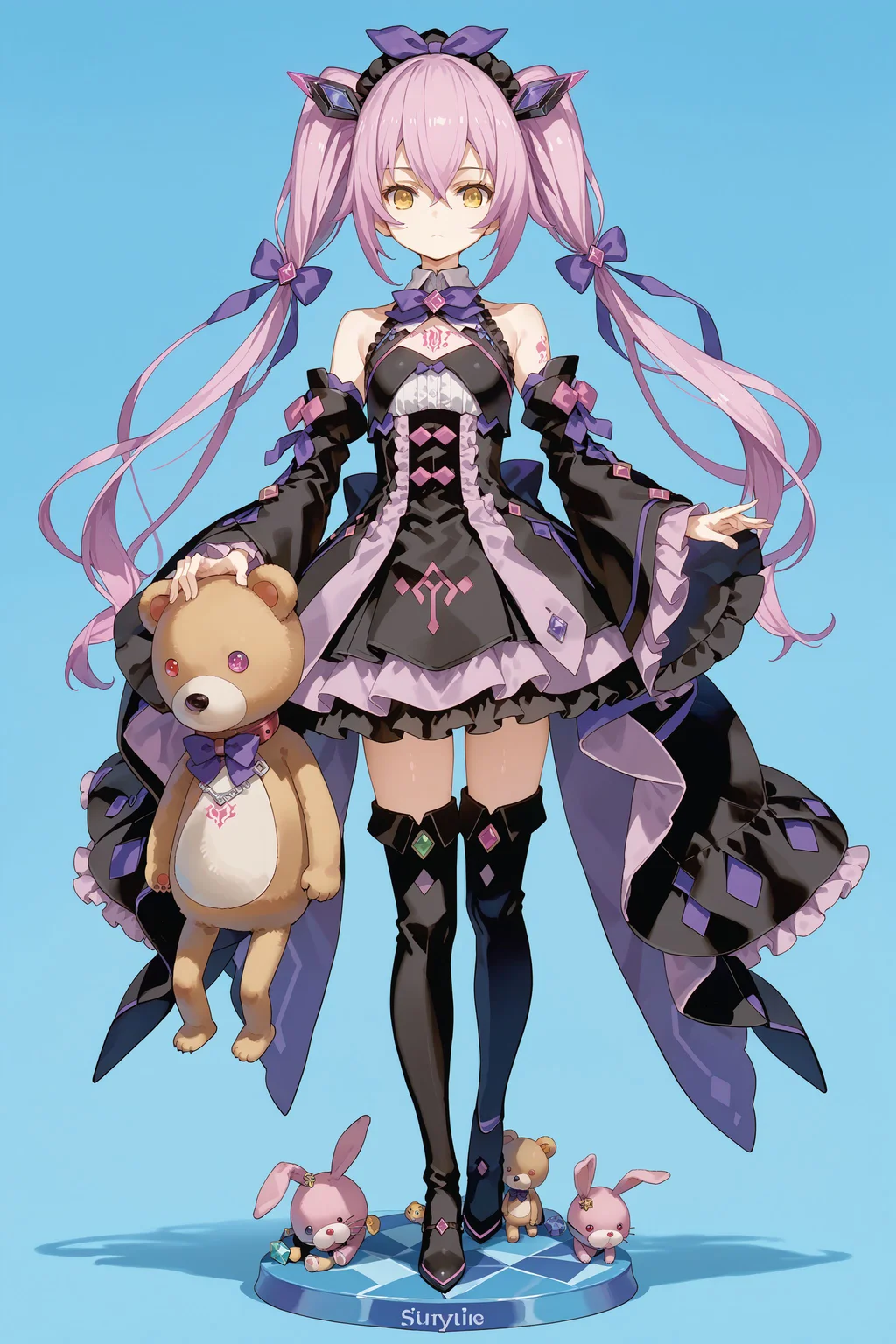 score_max, (score_9, score_8_up, score_7_up:1.2), score_6_up, official art, source_anime,
, masterpiece, absurdres, high detail, 8k,
amiibo, figure, solo, full body
standing, holding stuffed animal, stuffed rabbit, teddy bear, expressionless,
ddpsaya, long hair, twintails, headdress, hair ornament, hair bow, collar, bowtie, purple bow, gem, black dress, frills, clothing cutout, bare shoulders, detached sleeves, wide sleeves, thigh boots, heels, tattoo,
<lora:XL_Pony_gomaotsu-saya-t2:1.0>
