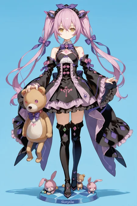 score_max, (score_9, score_8_up, score_7_up:1.2), score_6_up, official art, source_anime,
, masterpiece, absurdres, high detail, 8k,
amiibo, figure, solo, full body
standing, holding stuffed animal, stuffed rabbit, teddy bear, expressionless,
ddpsaya, long hair, twintails, headdress, hair ornament, hair bow, collar, bowtie, purple bow, gem, black dress, frills, clothing cutout, bare shoulders, detached sleeves, wide sleeves, thigh boots, heels, tattoo,
<lora:XL_Pony_gomaotsu-saya-t2:1.0>