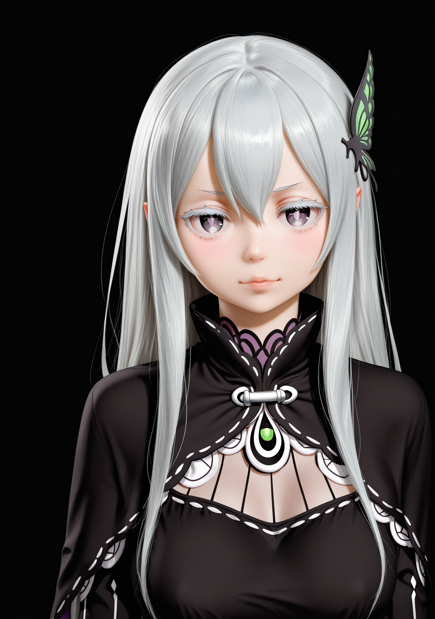 masterpiece,best quality,amazing quality,realistic,aotumedoll,<lora:aotumedollv3_r1:1>,black background,
1girl,looking at viewer,standing,upper body,echidna \(re:zero\),