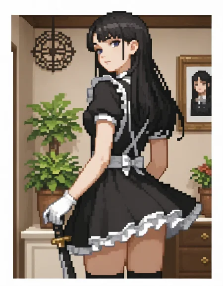 cinematic still 1girl, solo, long hair, looking at viewer, bangs, black hair, thighhighs, gloves, dress, holding, weapon, sword, short sleeves, cowboy shot, frills, looking back, black thighhighs, indoors, white gloves, from behind, apron, black dress, zettai ryouiki, maid, painting \(object\) . emotional, harmonious, vignette, 4k epic detailed, shot on kodak, 35mm photo, sharp focus, high budget, cinemascope, moody, epic, gorgeous, film grain, grainy, fairy tale 1girl, solo, long hair, looking at viewer, bangs, black hair, thighhighs, gloves, dress, holding, weapon, sword, short sleeves, cowboy shot, frills, looking back, black thighhighs, indoors, white gloves, from behind, apron, black dress, zettai ryouiki, maid, painting \(object\) . magical, fantastical, enchanting, storybook style, highly detailed, 1girl, solo, long hair, looking at viewer, bangs, black hair, thighhighs, gloves, dress, holding, weapon, sword, short sleeves, cowboy shot, frills, looking back, black thighhighs, indoors, white gloves, from behind, apron, black dress, zettai ryouiki, maid, painting \(object\), highly detailed, extremely beautiful, depicted aesthetic, dramatic full color, intricate detail, sharp focus, colorful, cinematic, complex, elegant, intriguing, rich atmosphere, artistic, very inspirational, attractive, cute, fine background, professional, stunning, creative, positive, gorgeous, perfect, pretty, pure, surreal, iconic, deep vibrant colors, light, magical, fascinating
