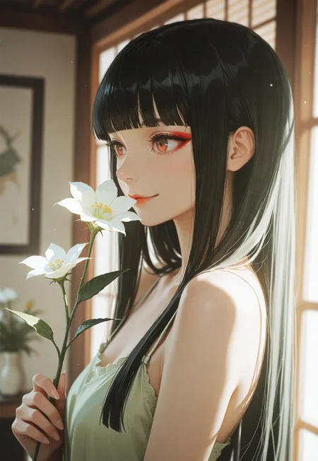 masterpiece, ultra-HD, cinematic lighting, photorealistic, impressionism (1.5), high detail, depth of field, (blurred background), (dramatic lighting),masterpiece, best quality, usnr,very aesthetic,8k,half close-up, sexy pose, long black hair, straight hair,blunt bangs, red eye makeup, asian girl, small head, pretty girl, korean girl, 
((slim body)), closeup,smiling, side view,smelling a white flower, light green dress
