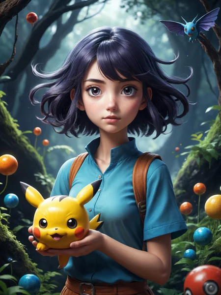 Pokémon style create an award-winning photograph of a young woman exploring an original and unconventional theme that captivates and amazes the viewer. Push boundaries of traditional concepts,infusing the image with creativity and wonder,leaving a lasting impression on those who behold it.,absurdres,intricately detailed,32K,, glow effects, godrays, Hand drawn, render, 8k, octane render, cinema 4d, blender, dark, atmospheric 4k ultra detailed, cinematic, Sharp focus, big depth of field, Masterpiece, colors, 3d octane render, 4k, concept art, trending on artstation, hyperrealistic, Vivid colors, extremely detailed CG unity 8k wallpaper, trending on CGSociety, Intricate, High Detail, dramatic . Vibrant, cute, anime, fantasy, reminiscent of Pokémon series