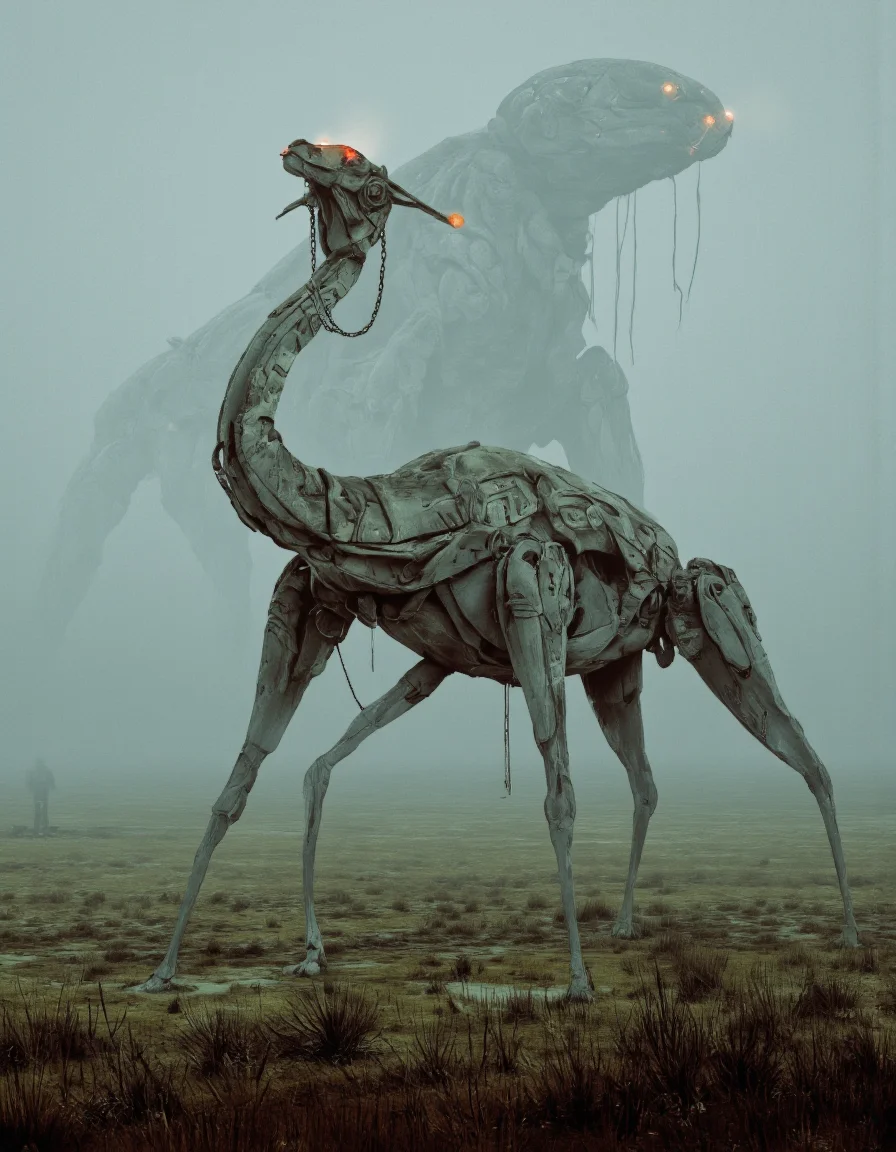 Art by Col Price & Ronan Le Fur.
A digital illustration shoot from a front camera angle about a large, metallic robot with glowing red eyes standing in a desolate landscape. the image also shows a distant silhouette of a camel in the distance. on the middle of the image, a robot with a long, slender body and multiple legs stands in a foggy field, with a distant figure in the background. the robot appears to be in a standing position, with its head turned slightly to the side and its eyes glowing red. it has a sleek, metallic design with intricate details and a chain attached to its back, and its body is composed of multiple arms and legs, giving it a mechanical appearance. the background is a misty, foggy sky with a faint silhouette of another robot behind it, adding a sense of depth and atmosphere to the scene. the overall color palette is muted, with shades of blue, green, and brown, and the lighting is soft and diffused, giving the image a sci-fi feel.