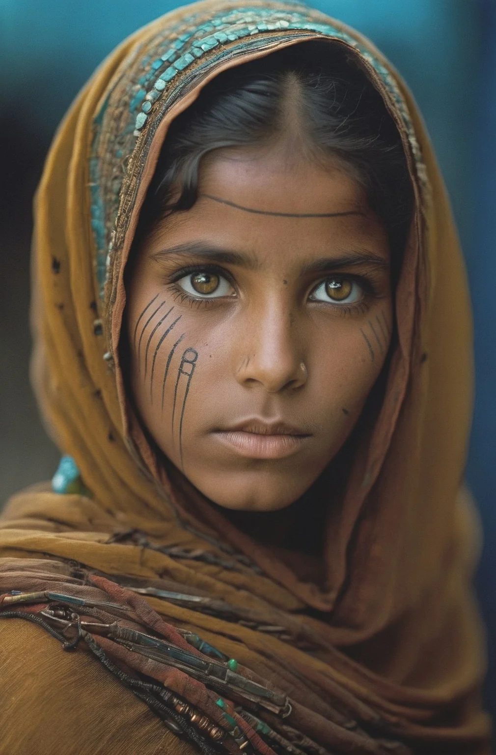 android afghan girl photography by Steve McCurry in cyberpunk style,cyberpunk urban scenery,150mm,dlrs,robotic parts,beautiful neon soft light,bioluminescent tattoos,vibrant details,explicit soft mist,beautiful masterwork by head of prompt engineering