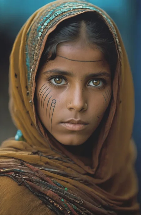 android afghan girl photography by Steve McCurry in cyberpunk style,cyberpunk urban scenery,150mm,dlrs,robotic parts,beautiful neon soft light,bioluminescent tattoos,vibrant details,explicit soft mist,beautiful masterwork by head of prompt engineering