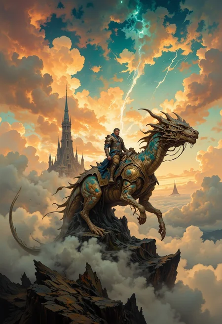score_9, score_8_up, score_7_up, 8k high quality digital painting, masterpiece, very detailed, ultra realistic, (best quality) very detailed epic masterpiece, unearthly beautiful, full body, boris vallejo style, frank frazetta style, realistic oil painting, retro artstyle, full body,
A futuristic warrior rides on a flying dragon above the clouds and looks at a flying sailing ship in the distance that rises above the clouds. Closed cloud cover, above the clouds. The low sun creates long shadows and color effects on the clouds. Backlighting. Romantic, fairytale-like atmosphere. Fantasy. Dreamily beautiful, peaceful, epic scene, warm yellow light, colorful sunset.
realistic, full body, Rembrandt style, Vermeer style, realistic realistic, realism, full body, photo realistic oil painting, photo realistic painting