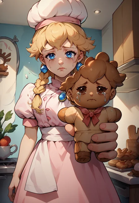 score_9, score_8_up, score_7_up, 1girl, holding food, looking at viewer, character doll, holding doll, indoors, <lora:BakingMyLongDistanceBfIntoACookieBecauseIMissHimMeme_pdxl_Incrs_v1:1>, <lora:PrincessPeach_XLPD:1>, IncrsPchPatissiere, long hair, braid, twin braids, chef hat, apron, pink dress, puffy sleeves, puffy short sleeves, jewelry, earrings, sad, tears,