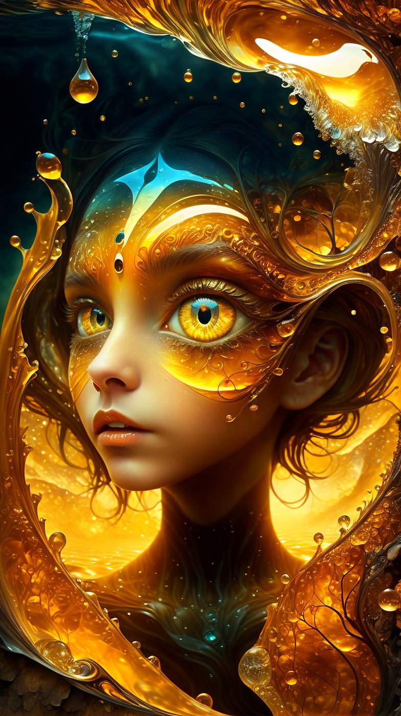 fracolor  In the depths of the amber, a dark and mysterious world unfolds, where a surreal girl with eyes of liquid gold wanders, lost in the amber's enigmatic dreamscape <lora:fracolor:1>
