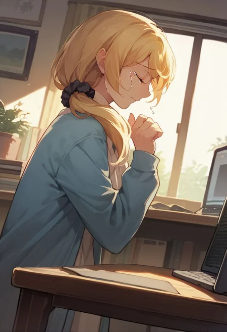 score_9, score_8_up, score_7_up, source_anime,
ellen baker, blonde hair, closed eyes, long hair, ponytail, scrunchie, mature female,
casual,
indoors, living room, desk, computer, crying,
from side, cowboy shot, dutch angle,