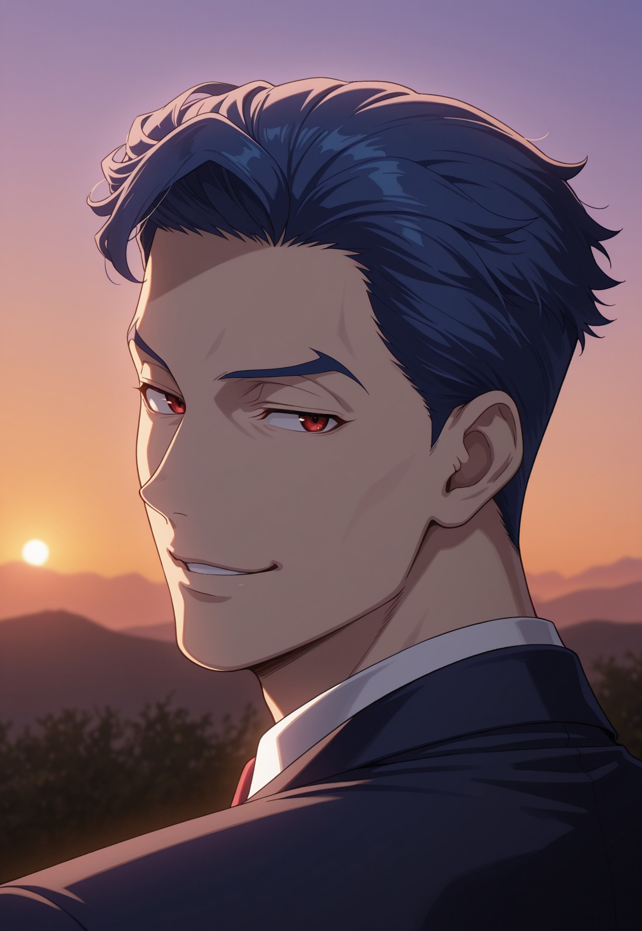 masterpiece,best quality,amazing quality, detailed details, shaded, detailed shading, detailed skin, shaded skin, realistic shading, countershading:1.1, outdoors, evening, looking back, side view, close-up, upper body, 1boy, solo, looking at viewer, smirk, Ainosuke Shindo, red eyes, blue hair, formal, necktie, suit