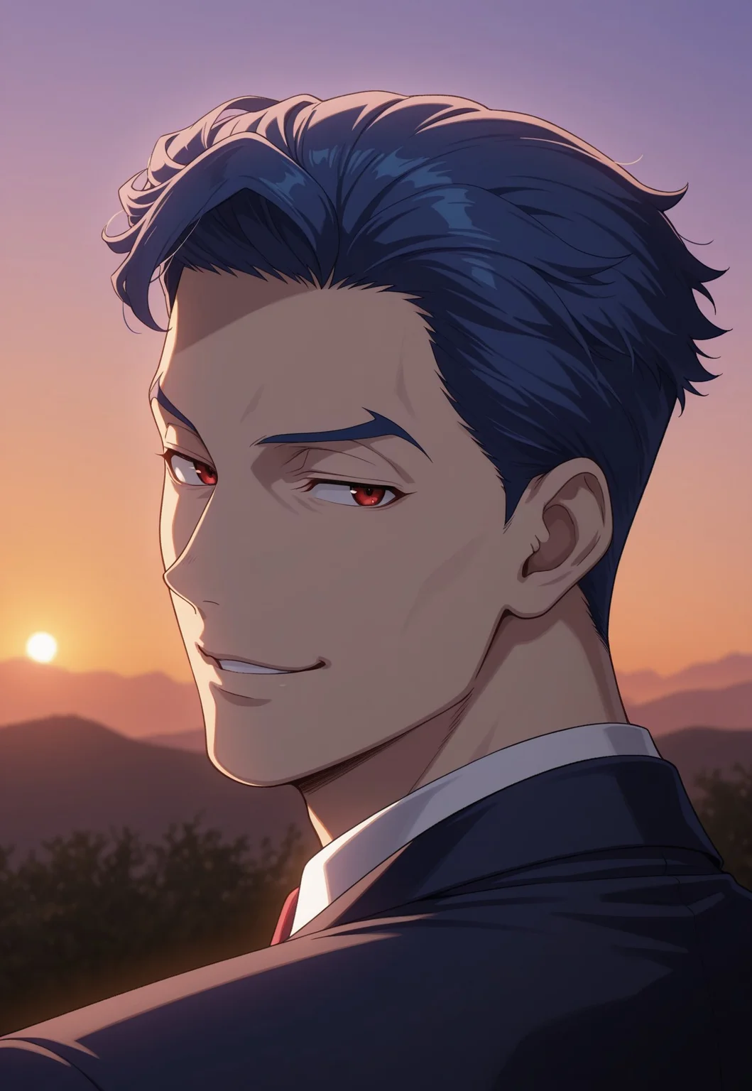 masterpiece,best quality,amazing quality, detailed details, shaded, detailed shading, detailed skin, shaded skin, realistic shading, countershading:1.1, outdoors, evening, looking back, side view, close-up, upper body, 1boy, solo, looking at viewer, smirk, Ainosuke Shindo, red eyes, blue hair, formal, necktie, suit