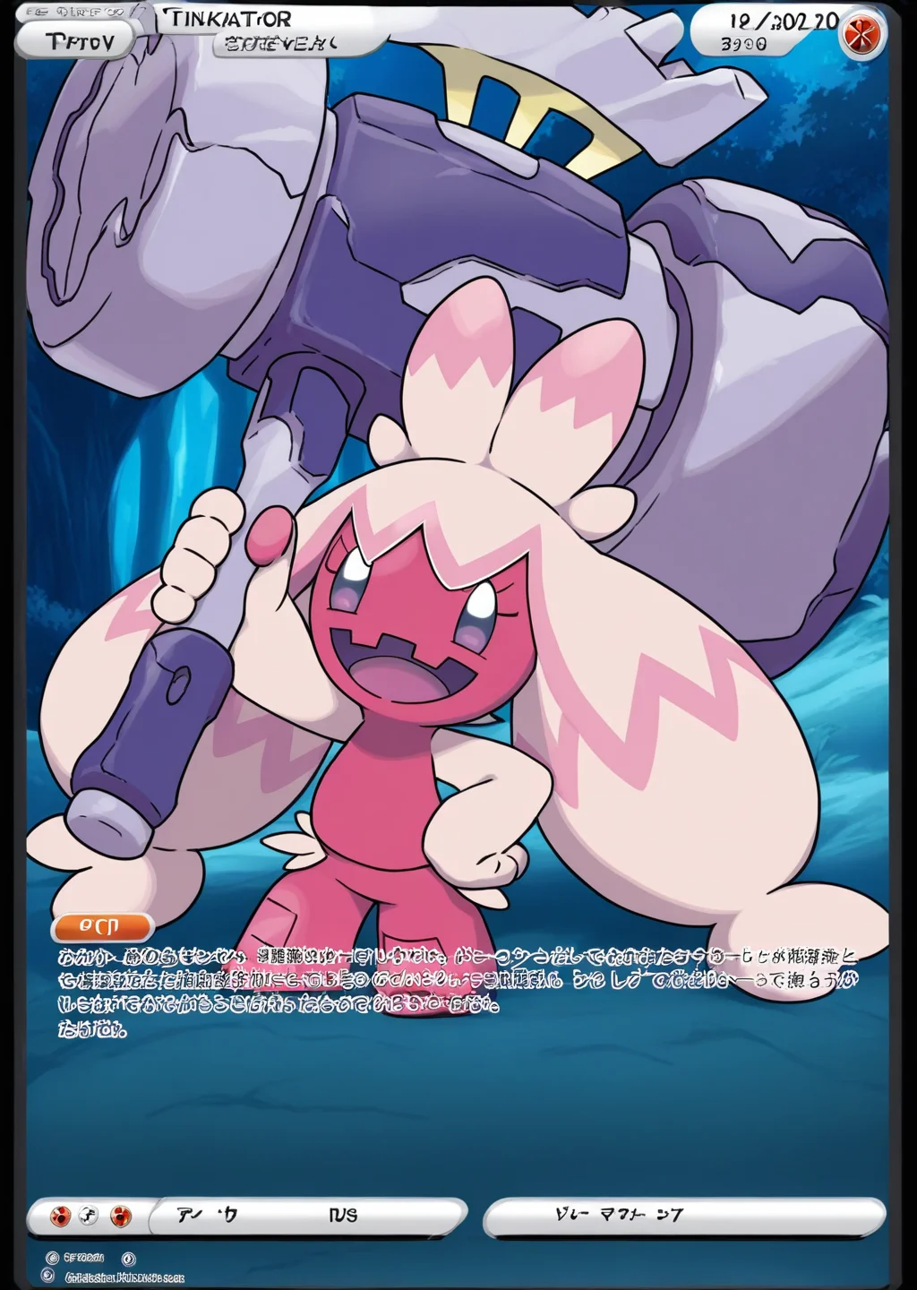 masterpiece, high quality, BREAK, full body, 1girl,    <lora:Pokemon_Card_Template_Concept_Illustrious:0.8> pokecards, pokemon cards, colored border, text, <lora:Tinkaton (Pokemon) [Illustrious]:0.8> tinkaton, pink skin, pink hair, twintails, massive hammer, gigantic hammer, metal hammer, pokemon,