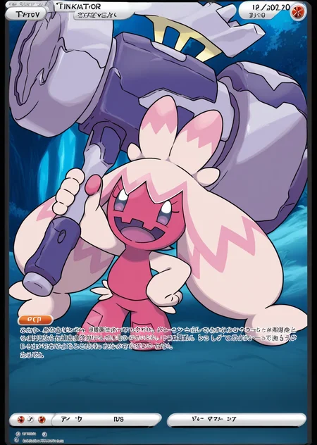 masterpiece, high quality, BREAK, full body, 1girl,    <lora:Pokemon_Card_Template_Concept_Illustrious:0.8> pokecards, pokemon cards, colored border, text, <lora:Tinkaton (Pokemon) [Illustrious]:0.8> tinkaton, pink skin, pink hair, twintails, massive hammer, gigantic hammer, metal hammer, pokemon,