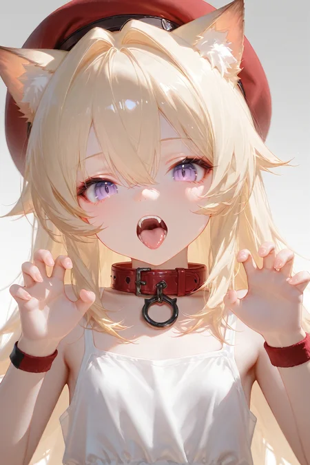 masterpiece,best quality,1girl, solo, animal ears, open mouth, blonde hair, looking at viewer, long hair, hair between eyes, upper body, fangs, purple eyes, grey background, red headwear, collar, claw pose, red collar, hands up, bare shoulders, flat chest, tongue, sleeveless, hair intakes, dress, wristband, gradient background, hat, tank top, white dress,<lora:mochi:0.7>,mochi,<lora:dilanshengxue-waiNSFWIllustriousv12-v1.5:0.3>,dilanshengxue,cinematic lighting,