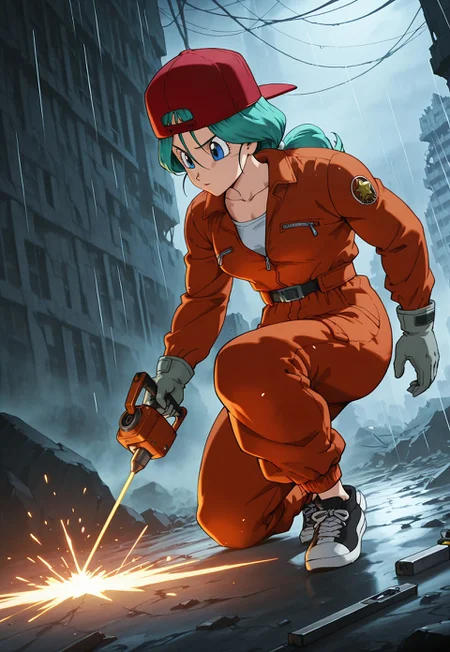 safe_pos, (safe_pos, source_anime, score_9, score_8_up, score_7_up, masterpiece, ultra-detailed, highres, 8k), dragon_ball, dragon_ball_z, source_anime, drgbl, anime screenshot, original art style, anime screencap, BREAK,
1girl, solo, bulma, future saga, milf, older woman, mature female, collarbone, long hair, aqua hair, low ponytail, blue eyes, marionette lines, (wrinkles:0.8), blue eyes, BREAK,
mechanic, (red jumpsuit), backwards hat, baseball cap, red headwear, partially unzipped, long sleeves, grey gloves, belt, sneakers, two-tone footwear, black footwear, shoes, tattered clothing, weathered clothing, BREAK,
(from the side), natural perspective, proportional to environment, foreground subject, accurate human scale, dynamic angle, dynamic pose, (focused expression), mid-action, crouched low, one knee on the ground, one hand steadying the drone, repairing a broken drone, drone partially visible, welding tool, tool in hand, laser welding on machinery, sparks flying from tool, sharp focus, BREAK,
dark industrial facility, dark workshop, scattered tools, faint orange glow from sparks, heavy rain dripping from machinery, broken screens reflecting light, ruins, detailed background, gloomy lighting,