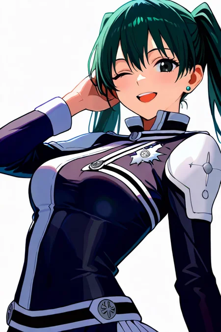 masterpiece, High quality, Ultra detailed, 2d, newest, absurdres, highres, BREAK
1girl, solo, <lora:lenalee_lee:0.8>, lenalee_lee_(d.gray-man), twintails, black hair, black eyes, earrings, 
medium breasts, leedef, long sleeves, black jacket, uniform, silver badge, belt, miniskirt, pleated skirt, black thighhighs, 
upper body, looking at viewer, smile, open mouth, hand up, one eye closed, tucking hair, adjusting hair, hand on own hair, hair behind ear,