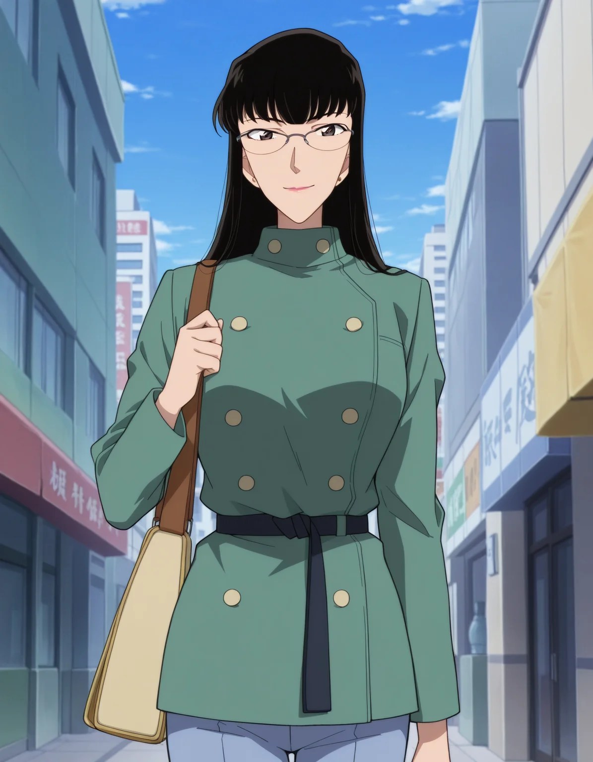 1girl,solo, anime screencap, anime coloring,
<lora:oobayashi kaori_conan_v1_IL:0.8>,oobayashi kaori,(meitantei conan:0.4),mature female,long hair,black hair,blunt bangs,lips,(wide glasses:1.3),shoulder bag,double-breasted,green coat,long sleeves,buttons,light blue pants,
cowboy shot,smile,looking at viewer,closed mouth, outdoors, building,city,blue sky,