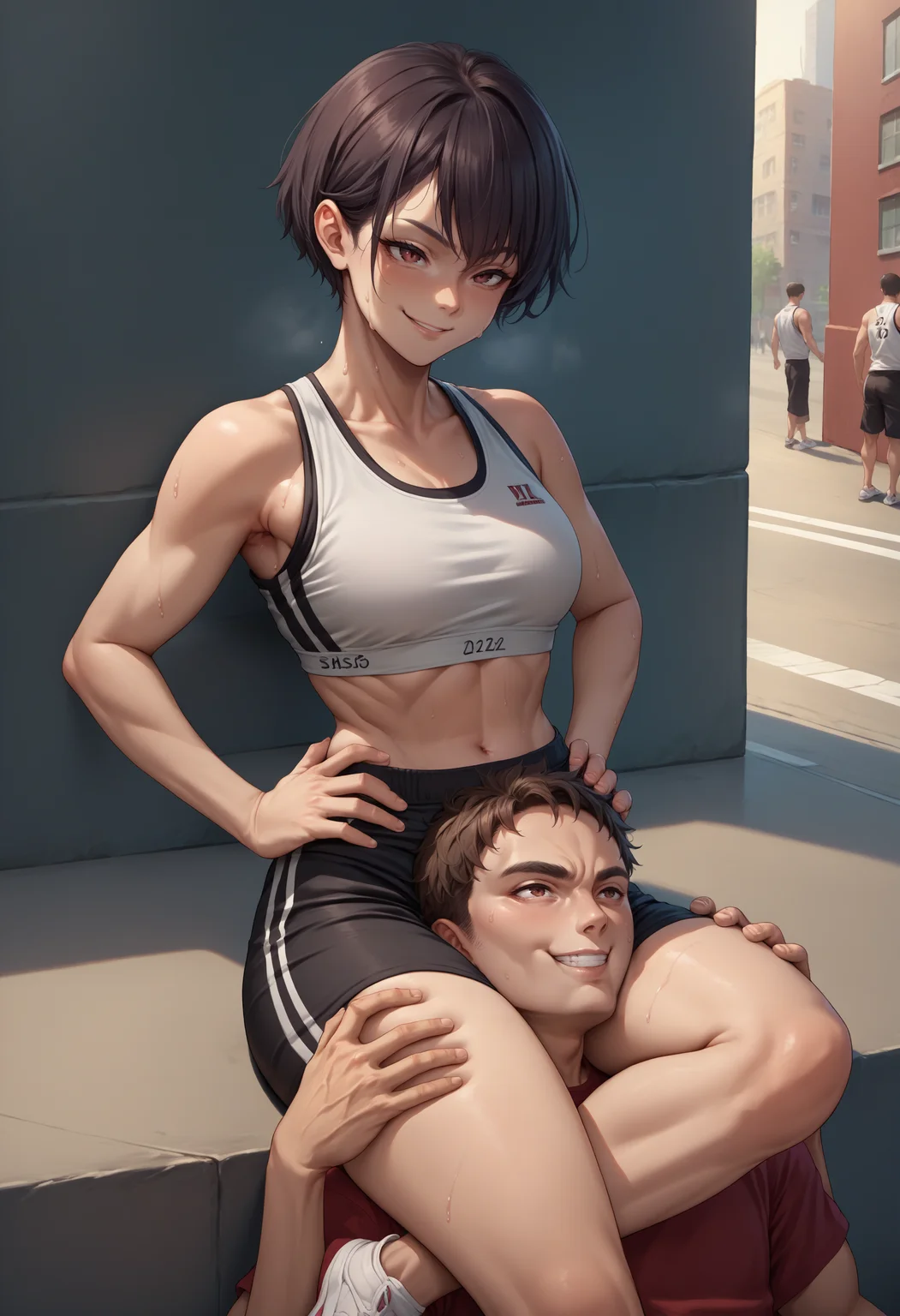 score_9, score_8_up, score_7_up, source_anime, scissorhold, leg lock, <lora:Scissorhold_BetweenThighs_XLPD:1>, sitting, 1girl, 1boy, evil smile, seductive smile, sweat, sports bra, black shorts, street, hands on own hips,
