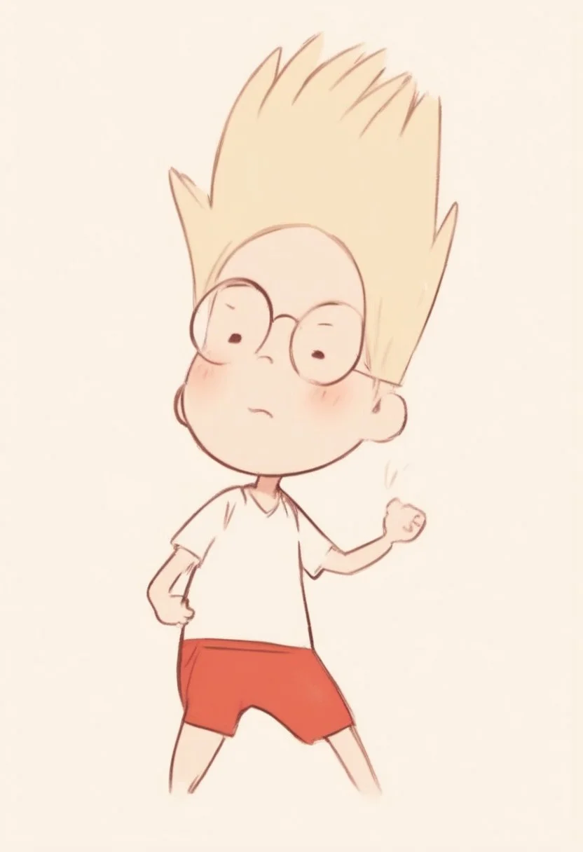 score_9, score_8_up, score_7_up, source_cartoon, solo,1boy, solo, human, male focus,  Lewisrobinson, blonde spiky hair, glasses, blue vest, red shorts, white shirt, confident pose, cartoon style, brown shoes, white socks. looking at viewer, standing, dynamic pose, motion blur, motion lines, legs apart, black space background, ng_deepnegative_v1_75t, By bad artist , bad_pictures, fcNeg, chibi,