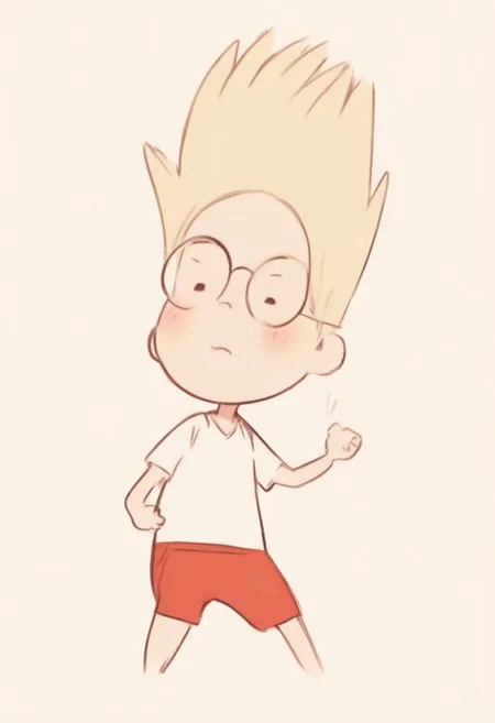 score_9, score_8_up, score_7_up, source_cartoon, solo,1boy, solo, human, male focus, Lewisrobinson, blonde spiky hair, glasses, blue vest, red shorts, white shirt, confident pose, cartoon style, brown shoes, white socks. looking at viewer, standing, dynamic pose, motion blur, motion lines, legs apart, black space background, ng_deepnegative_v1_75t, By bad artist , bad_pictures, fcNeg, chibi,
