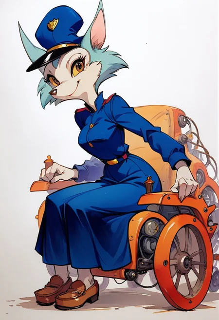 score_9, score_8_up, score_7_up, score_6_up, score_5_up, score_4_up, masterpiece, perfect face, perfect hands, high quality, source_cartoon, watercolor \(medium\), traditional media, merustyle, dynamic pose, side view, furry, carmen_patrol_03, carmen_fox, young adult, blue fox, 6 heads tall, fox girl, furry, yellow eyes , medium perky breast, thin waist, cute, detailed face, smiling, Police uniform, blue hat, mini skirt, bare legs, loafers, looking viewer, simple background,
Powered Wheelchair, cyberpunk style wheel chair, mechanical parts, robot manipulator with wheelchair, carmen sitting wheelchair, reelmech, mechanical parts, cable, wires, machinery, joints,