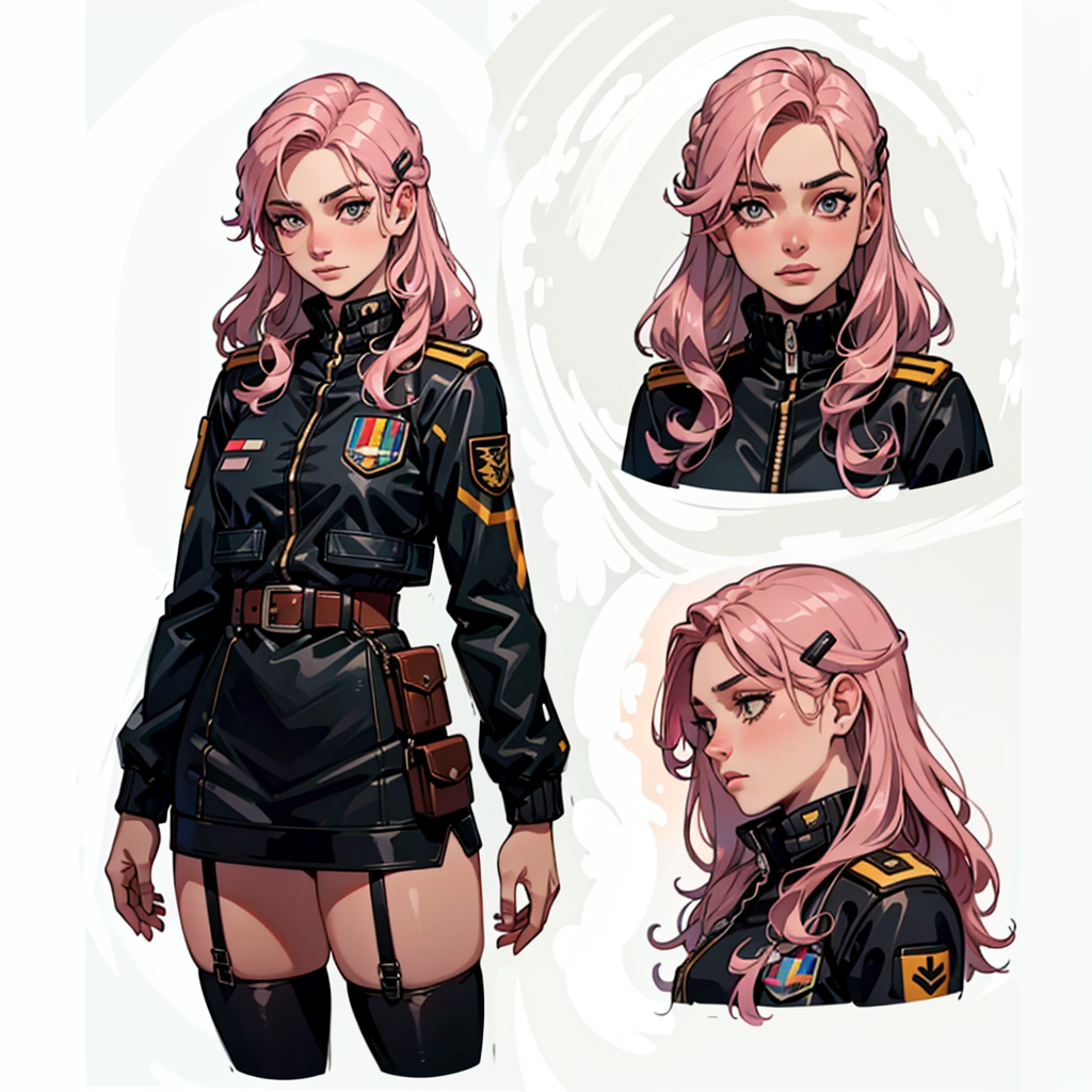 (CharacterSheet:1), 1girl, (straight pink hair, long hair, hair clip, black uniform, black thighhighs, skinny, pilot jacket), (aviator uniform, military), fight pose, (multiple views, full body, upper body, reference sheet:1),
(simple background, white background),
(masterpiece:1.2), (best quality, highest quality), (ultra detailed), (8k, 4k, intricate),(full-body-shot), (Cowboy-shot:1.4), (50mm), (highly detailed:1.2),(detailed face:1.2), detailed_eyes,(gradients),(ambient light:1.3),(cinematic composition:1.3),(HDR:1),Accent Lighting,extremely detailed,original, highres,(perfect_anatomy:1.2),
<lora:CharacterDesign_Concept-10:0.5>