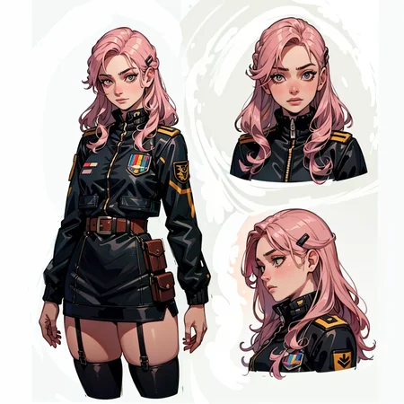 (CharacterSheet:1), 1girl, (straight pink hair, long hair, hair clip, black uniform, black thighhighs, skinny, pilot jacket), (aviator uniform, military), fight pose, (multiple views, full body, upper body, reference sheet:1),
(simple background, white background),
(masterpiece:1.2), (best quality, highest quality), (ultra detailed), (8k, 4k, intricate),(full-body-shot), (Cowboy-shot:1.4), (50mm), (highly detailed:1.2),(detailed face:1.2), detailed_eyes,(gradients),(ambient light:1.3),(cinematic composition:1.3),(HDR:1),Accent Lighting,extremely detailed,original, highres,(perfect_anatomy:1.2),
<lora:CharacterDesign_Concept-10:0.5>