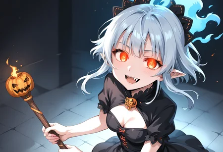 (masterpiece), (score_9, score_8_up, score_7_up,source_anime), 4K8K,
(from above), misty, steam, fog, Floating Halloween pumpkins,
halloween, halloween fantasy, jakkRo,
(pumpkinhead woman, Pumpkinhead:1.3), (solo), (Glossy skin, pale skin:1.3), (crossed arm, hold stick), burning pumpkin, (dark aura:1.4), (smirk, half-opened mouth, Canine, tooth, fang1.2),
(medium figure:0.9), (pointy breasts:1.1),
(glowing eyes),
(wearing vampire cos, dress, makeup, red and black dress, Miniature Hats, zettai ryouiki, thighhighs:1.2),
(emperor's audience room, dark room:1.3), elf ears,