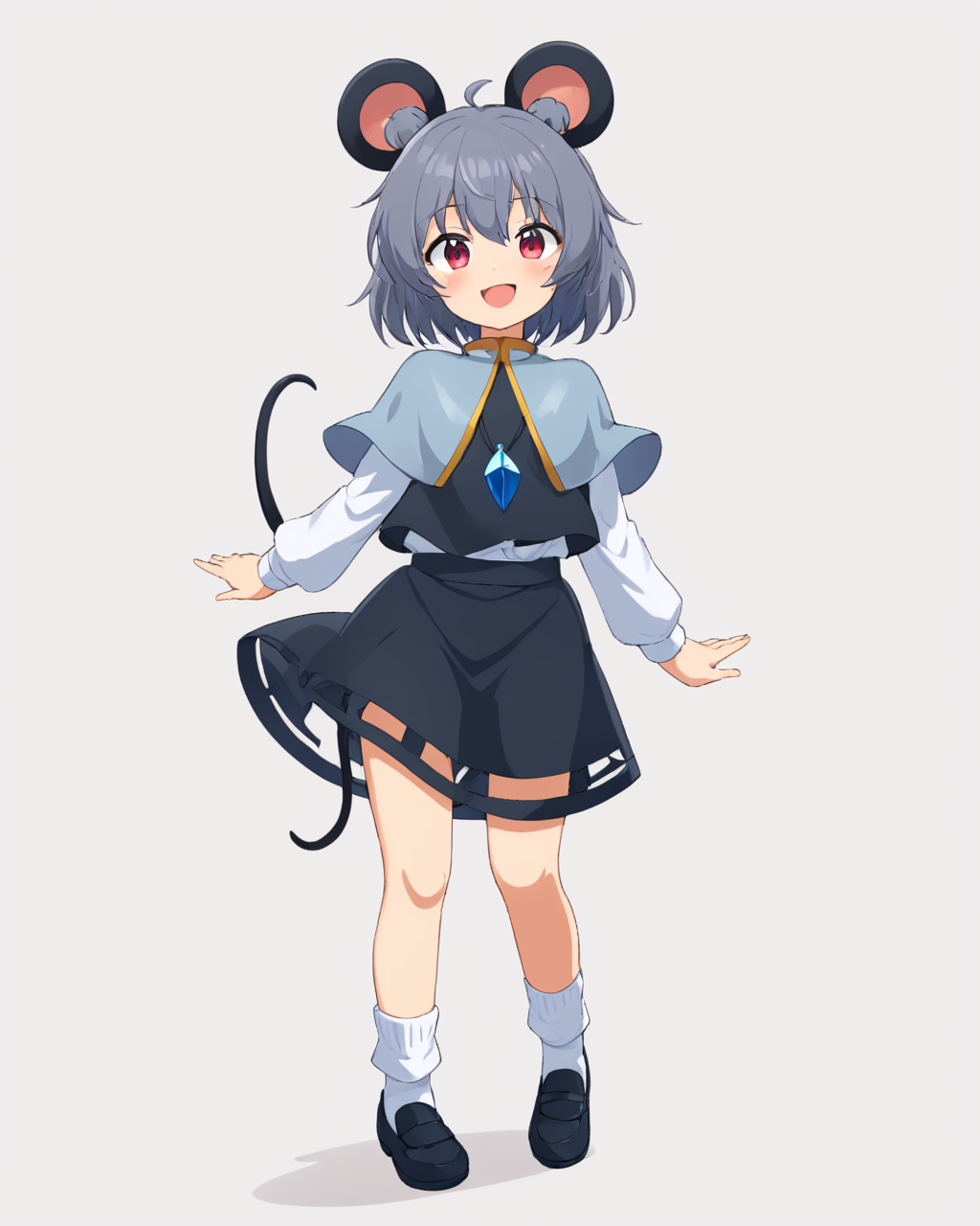 nazrin,1girl, solo, white_shirt, mouse_tail, open_mouth, long_sleeves, grey_vest, mouse_girl, grey_skirt, white_background, simple_background, white_socks, layered_clothes, smile, skirt_set, pendant, black_footwear, crystal, blush, shoes, standing, full_body, white_capelet
<lora:nazrin_image9511_2023-12-20-000006:1>,star-shaped_pupils,symbol-shaped_pupils,. gorgeous,key visual, vibrant, studio anime,award-winning, professional, highly detailed,high budget, cinemascope
