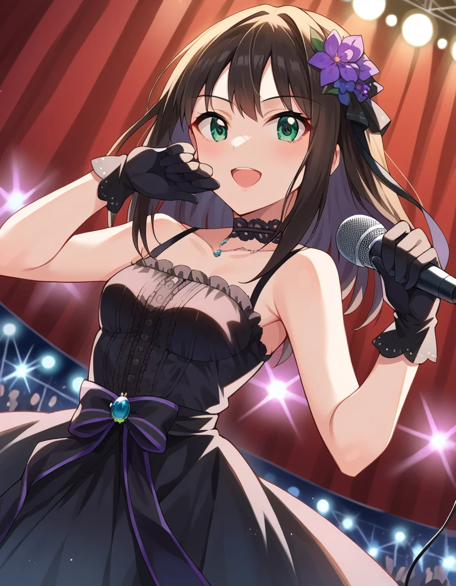 score_9, score_8_up, score_7_up, source_anime,
rinshibuya, <lora:rin-shibuya-ponyxl-lora-nochekaiser:1>,
rin shibuya, black hair, green eyes, long hair,
black gloves, black gothic dress \(idolmaster\), black ribbon, black shirt, choker, collarbone, gloves, hair flower, hair ornament, hair ribbon, idol, purple flower, ribbon, shirt, sleeveless, sleeveless shirt,
indoors, stage, stage lights, concert, audience, holding microphone, microphone, singing,
looking at viewer, dutch angle, cowboy shot,