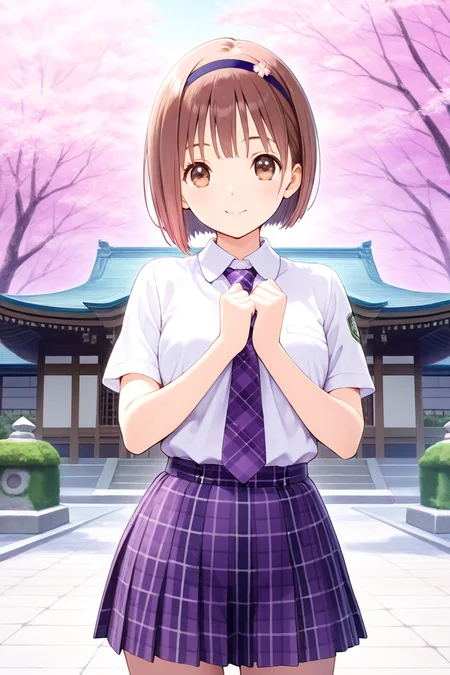 <lora:Hoshizaki_Ao_Blue_Reflection_Illus:1>1girl, solo, looking at viewer, short hair, skirt, japanese temple, sakura petal, sakura tree, center of attention, brown hair, brown eyes, school uniform, standing, cowboy shot, pleated skirt, hairband, purple tartan necktie, plaid, plaid skirt, bob cut, Hoshizaki Ao, white shirt, short sleeves, school uniform outfit, sexy pose, sexy smile, hairband, headband,