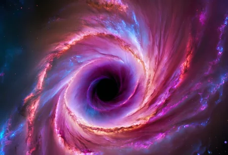 a dynamic and breathtaking image of the universe with vibrant colors and dramatic lighting. Show a swirling nebula in the foreground with bright, intense hues of blue, purple, and pink. In the background, depict a distant galaxy with spiraling arms and scattered stars. Include a supernova explosion, radiating brilliant light, and a mesmerizing black hole at the center, with cosmic debris swirling around it. Add a hint of distant planets and asteroids to create a sense of scale and depth. Make the entire scene feel alive and constantly in motion.