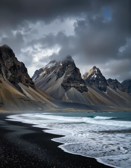 By Maria Isabel Ruiz. A long exposure shot from the side, capturing a dramatic landscape with a rocky mountain range and a vast expanse of ocean in the foreground, under a stormy sky with dark, ominous clouds. the image also shows the vastness of the ocean, with waves crashing onto the shore, creating a sense of movement and depth. on the left side of the image, a volcanic mountain stands tall, with a few snow-capped peaks reaching up towards the sky, while on the right side, another rocky mountain is visible in the distance, partially obscured by a thick layer of fog. the sky is filled with dark clouds, adding to the dramatic atmosphere of the scene, with the ocean stretching out in front of the mountain range. the water is a deep blue, contrasting with the grey and black hues of the volcanic mountains, and the texture of the sand and the ocean's surface is visible due to the waves. the overall effect is one of serenity and tranquility, making this image a stunning representation of a volcanic landscape in Iceland.