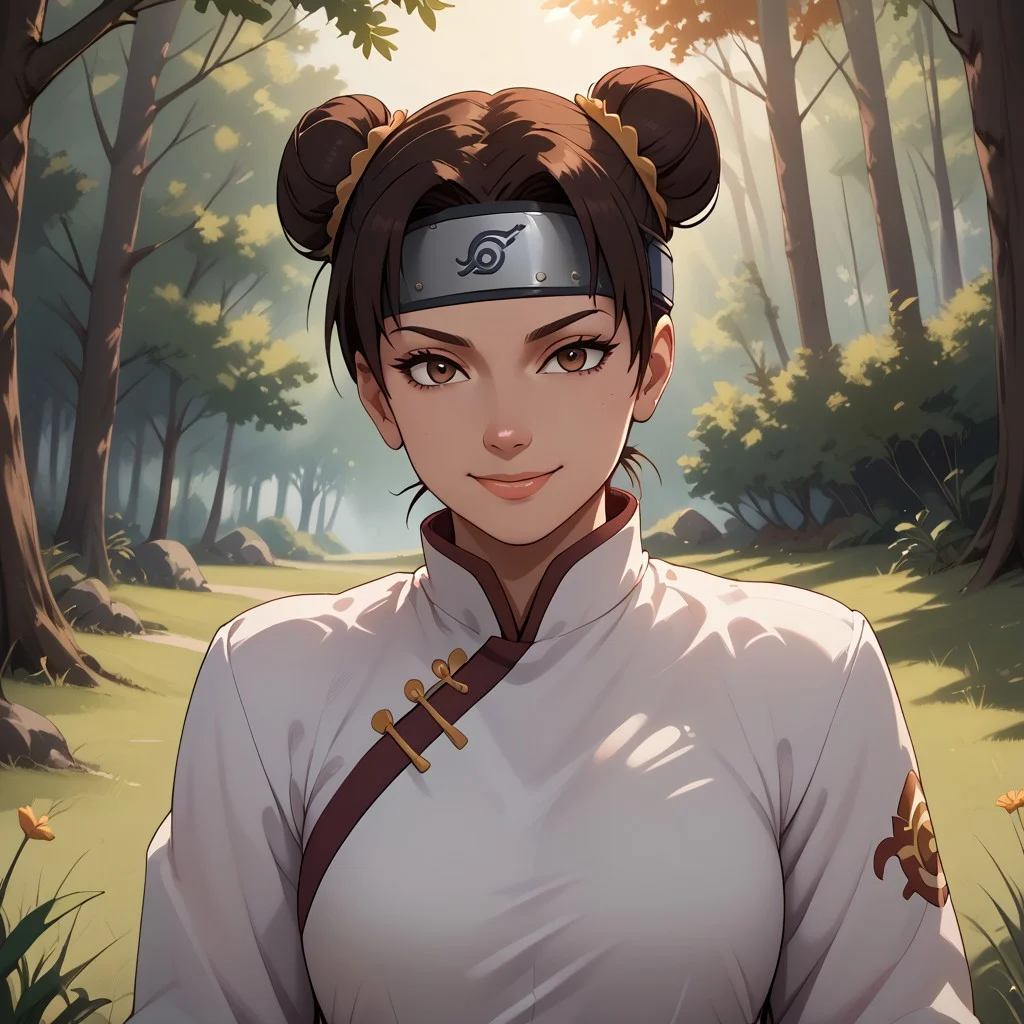 score_9, score_8, BREAK, dark brown hair, hair in twin buns, double buns, maroon loose high-waisted martial pants, curtain bangs, forehead protector, white shirt, black gloves, white chinese martial arts top, maroon sweatpants with side slits, brown eyes, sexy pose, self portrait, smile, outdoors, sunlight, shadows, evening lighting, natural lighting, forest, trees, grass, orange sky, sunset