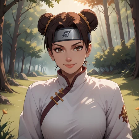 score_9, score_8, BREAK, dark brown hair, hair in twin buns, double buns, maroon loose high-waisted martial pants, curtain bangs, forehead protector, white shirt, black gloves, white chinese martial arts top, maroon sweatpants with side slits, brown eyes, sexy pose, self portrait, smile, outdoors, sunlight, shadows, evening lighting, natural lighting, forest, trees, grass, orange sky, sunset