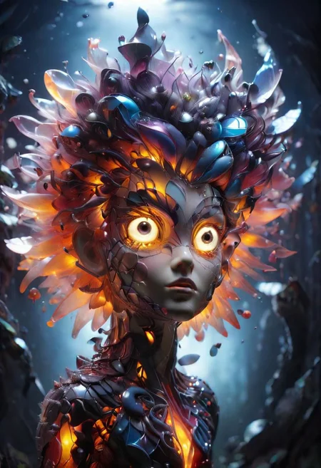 Mix the glowing-mushrooms, bunny and curly fur to create adorable magical creature with big glowing eyes, masterpiece, Surrealism, close-up, macro photo, f/1.2, backlighting, Albert Edelfelt, multicolored hair