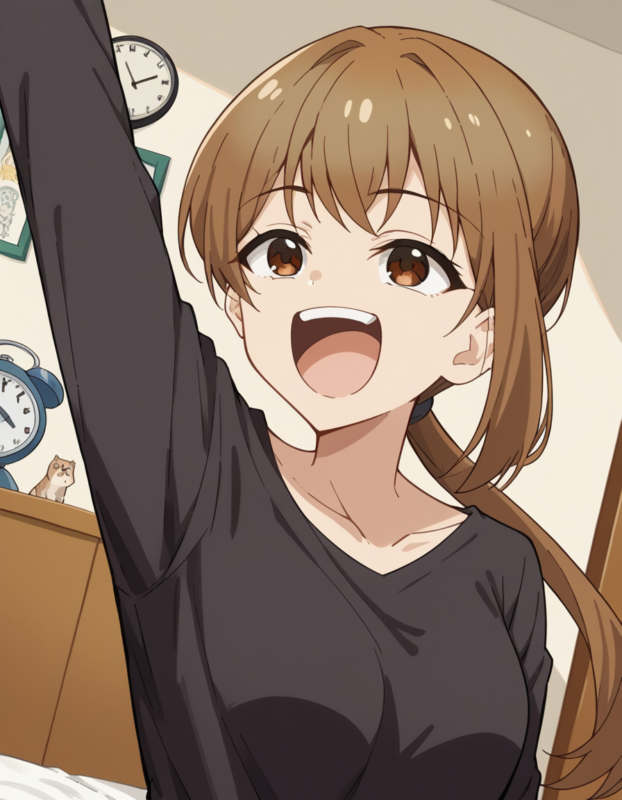 score_9, score_8_up, score_7_up, source_anime, <lora:shikanoko-ukai-s1-ponyxl-lora-nochekaiser:1>, ukai, bangs, brown hair, brown eyes, ponytail, medium breasts,, shirt, black shirt, long sleeves, collarbone, pants,, bedroom, alarm clock, morning routine, yawning, stretching, on bed,, smile, , smug, solo,, cowboy shot, dutch angle