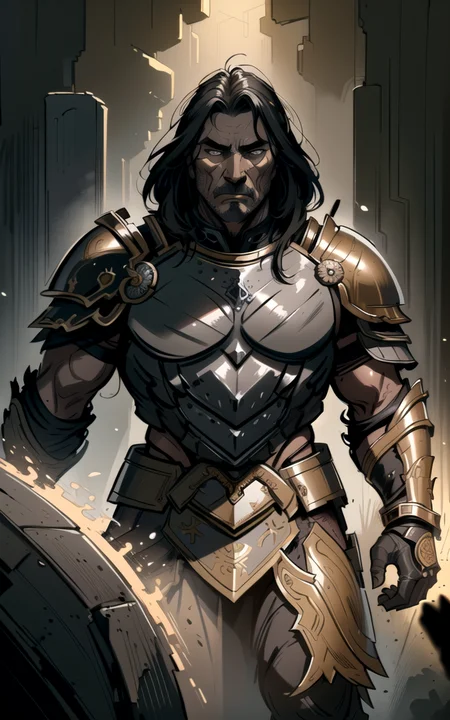 (Painting:1.3) of (Detailed illustration:1.3), fantastic comic book style, photorealistic, intense look, anatomical photorealistic digital painting portrait of a (old male:1.3) human (warrior:1.3) in black and gold intricate (heavy armor:1.3) in a (dark and moody universe:1.3), light particle, very detailed skin,samurai, very detailed eyes, (elden ring style:1.3), (warhammer style:1.1), concept artist, global illumination, depth of field, splash art, art by artgerm and greg rutkowski and viktoria gavrilenko