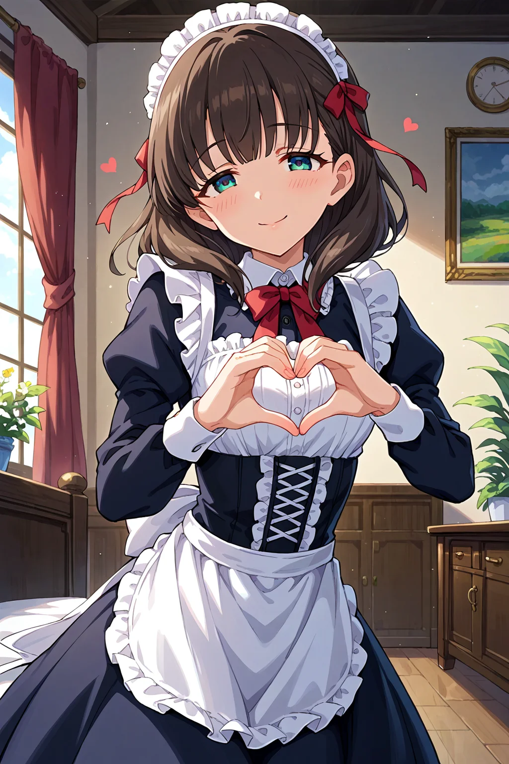 score_9, score_8_up, score_7_up, source_anime,,beautiful color,amazing quality,rating_explicit , intricate details, anime screencap, official style,idolsakuma, 1girl, heart hands, solo, heart, smile, maid, ribbon, maid headdress, looking at viewer, blush, apron, hair ribbon, enmaided, red ribbon, long sleeves, maid apron, bow,pov<lora:idolsakuma:1>
