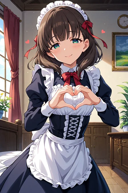 score_9, score_8_up, score_7_up, source_anime,,beautiful color,amazing quality,rating_explicit , intricate details, anime screencap, official style,idolsakuma, 1girl, heart hands, solo, heart, smile, maid, ribbon, maid headdress, looking at viewer, blush, apron, hair ribbon, enmaided, red ribbon, long sleeves, maid apron, bow,pov<lora:idolsakuma:1>