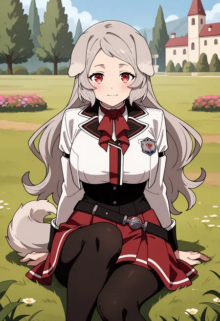 anime screencap, masterpiece, best quality,
<lora:MushokuTensei_Pursena_IlluXL:0.9>,
1girl, solo, light smile, blush,
long hair, grey hair, red eyes, dog ears, dog tail,
PursenaMT, cropped jacket, white jacket, red neckerchief, large breasts, white shirt, long sleeves, black corset, loose belt, black belt, pleated skirt, red skirt, black pantyhose,
sitting, on grass, knee up, looking at viewer,
outdoors, medieval, garden, day