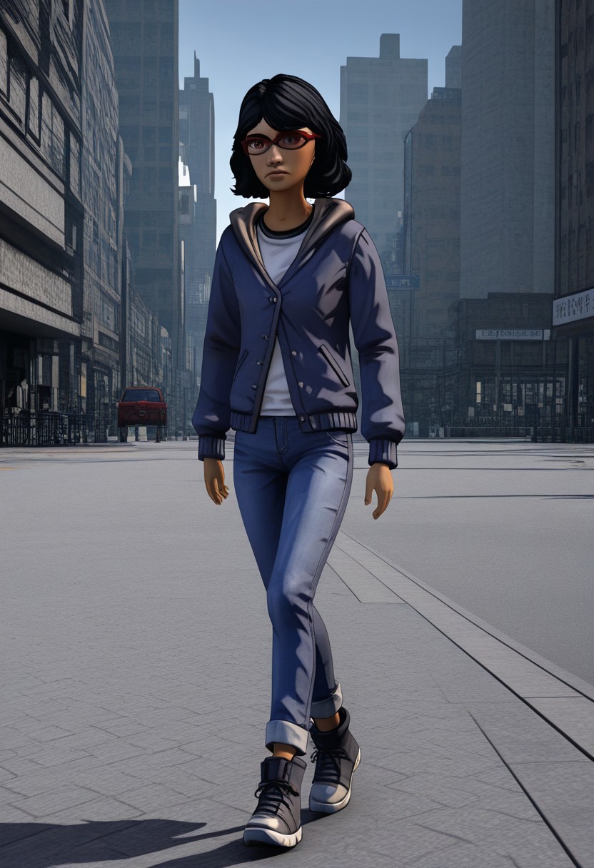 3D, Sarah, 1girl, alone, short shoulder-length black hair, red glasses, hooded jacket, partially unbuttoned, undershirt, pants, ankle boots
Sarah wearing a white shirt, blue jeans, and sneakers. She's walking through a city.